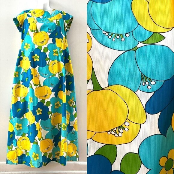Epic Vintage Hawaiian Maxi Dress Floral 60s 70s Mod Tiki Bar Waterfall Back - Picture 1 of 9